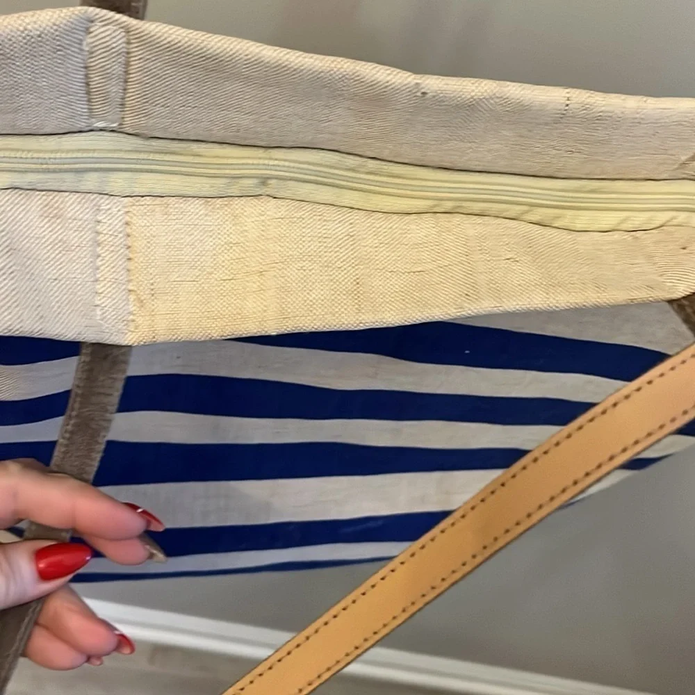 Marc Lamar Canvas Tote Bag Leather Handles & Trim Striped Zipper Top Jute Tassel